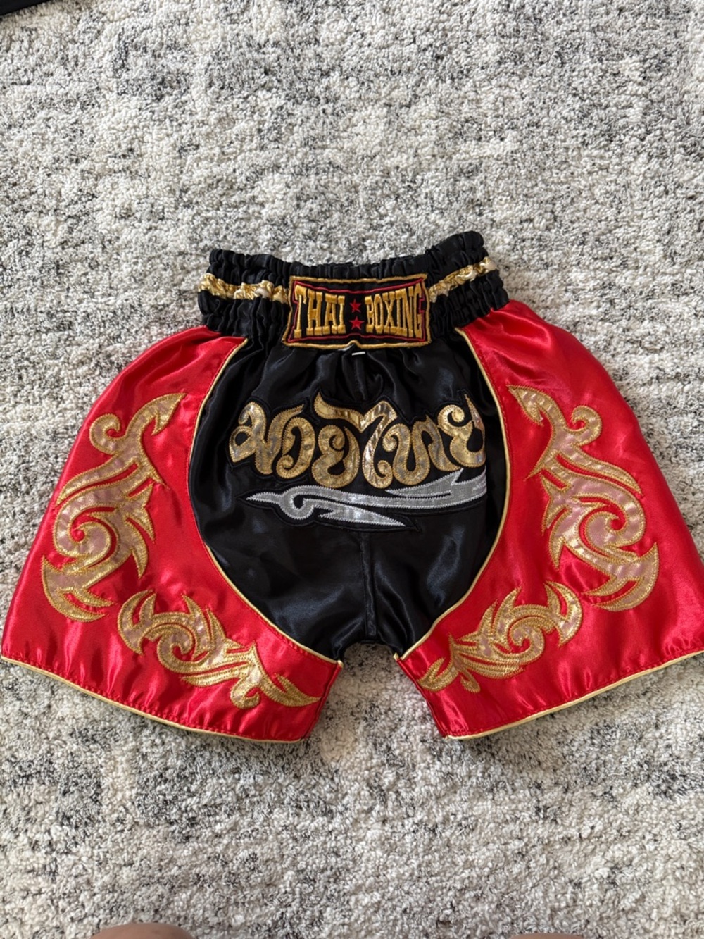 Thai Boxing Kids Satin Training Shorts - Black & Red